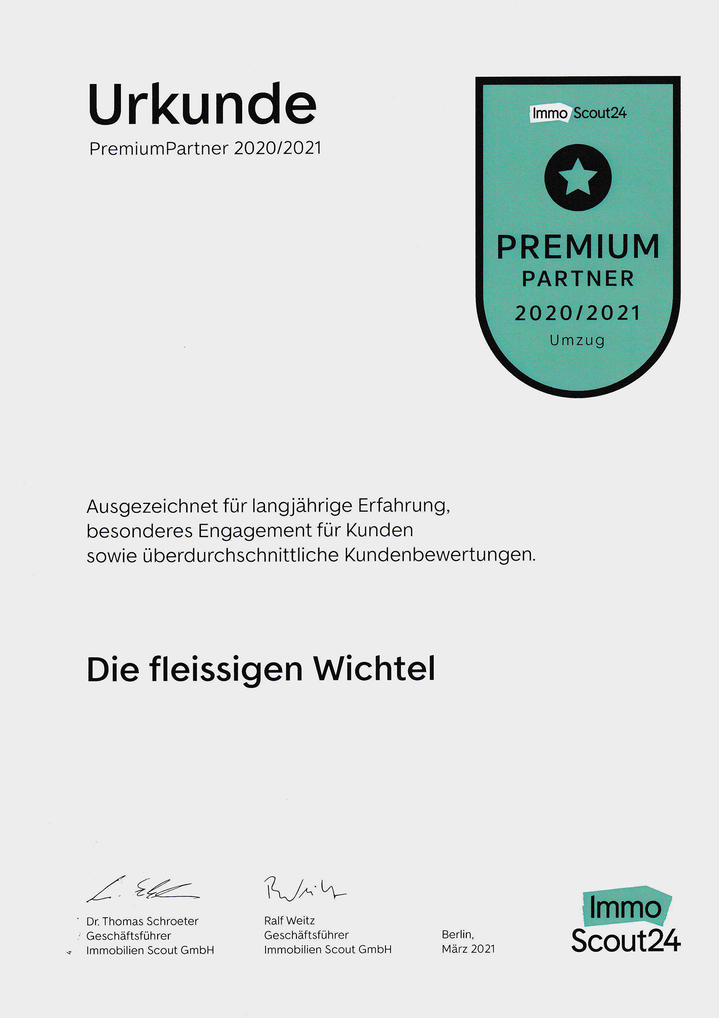 ImmoScout24 Urkunde 2021